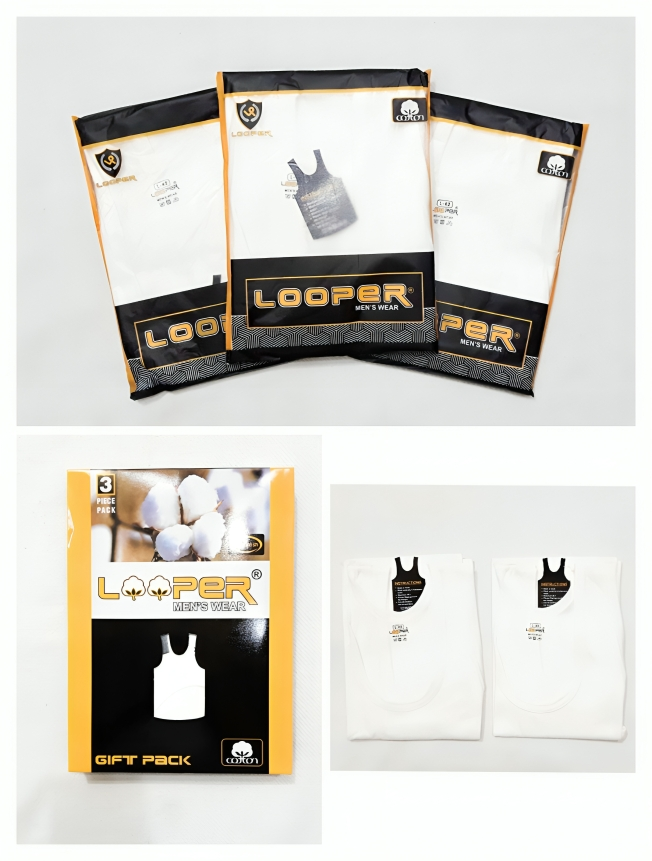 Looper Men’s Cotton Vest (Pack of 3) – Premium White Cotton Vests