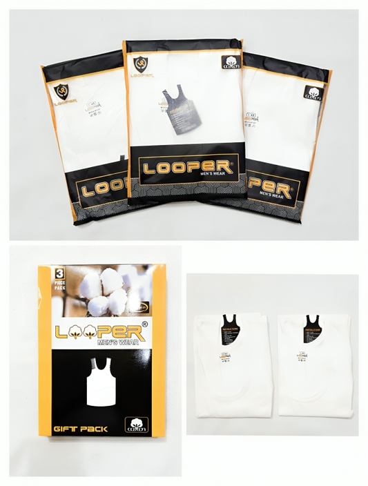 Looper Men’s Cotton Vest (Pack of 3) – Premium White Cotton Vests